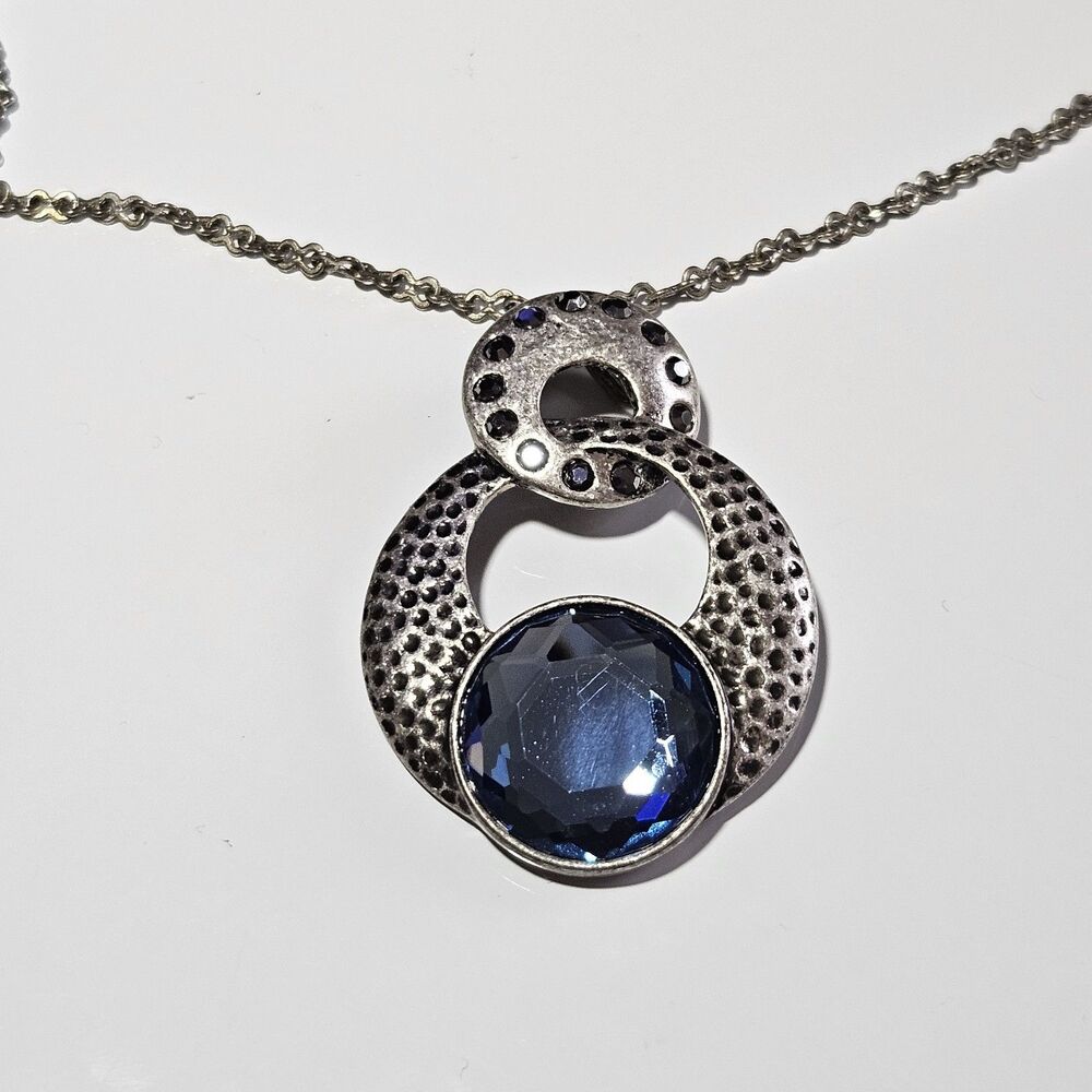 Lia Sophia Kiam Family Silver tone metal blue glass pendant Necklace 28"